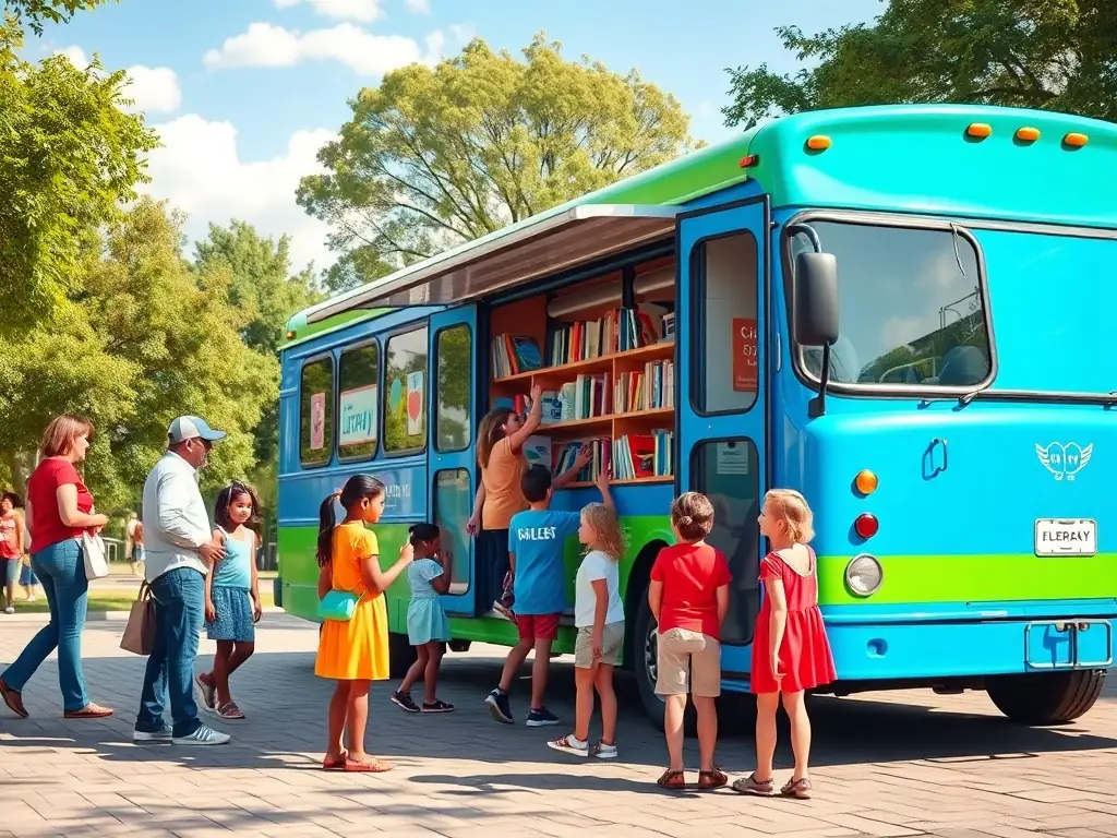 A vibrant image depicting the mobile library bus parked in a community, with children excitedly selecting books. The scene should convey a sense of joy, discovery, and community engagement.
