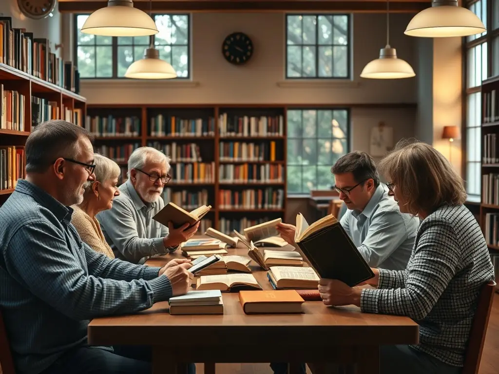 A photograph of a group of adults participating in a book club discussion inside the mobile library. The atmosphere is warm and inviting, with participants actively sharing their thoughts and insights.