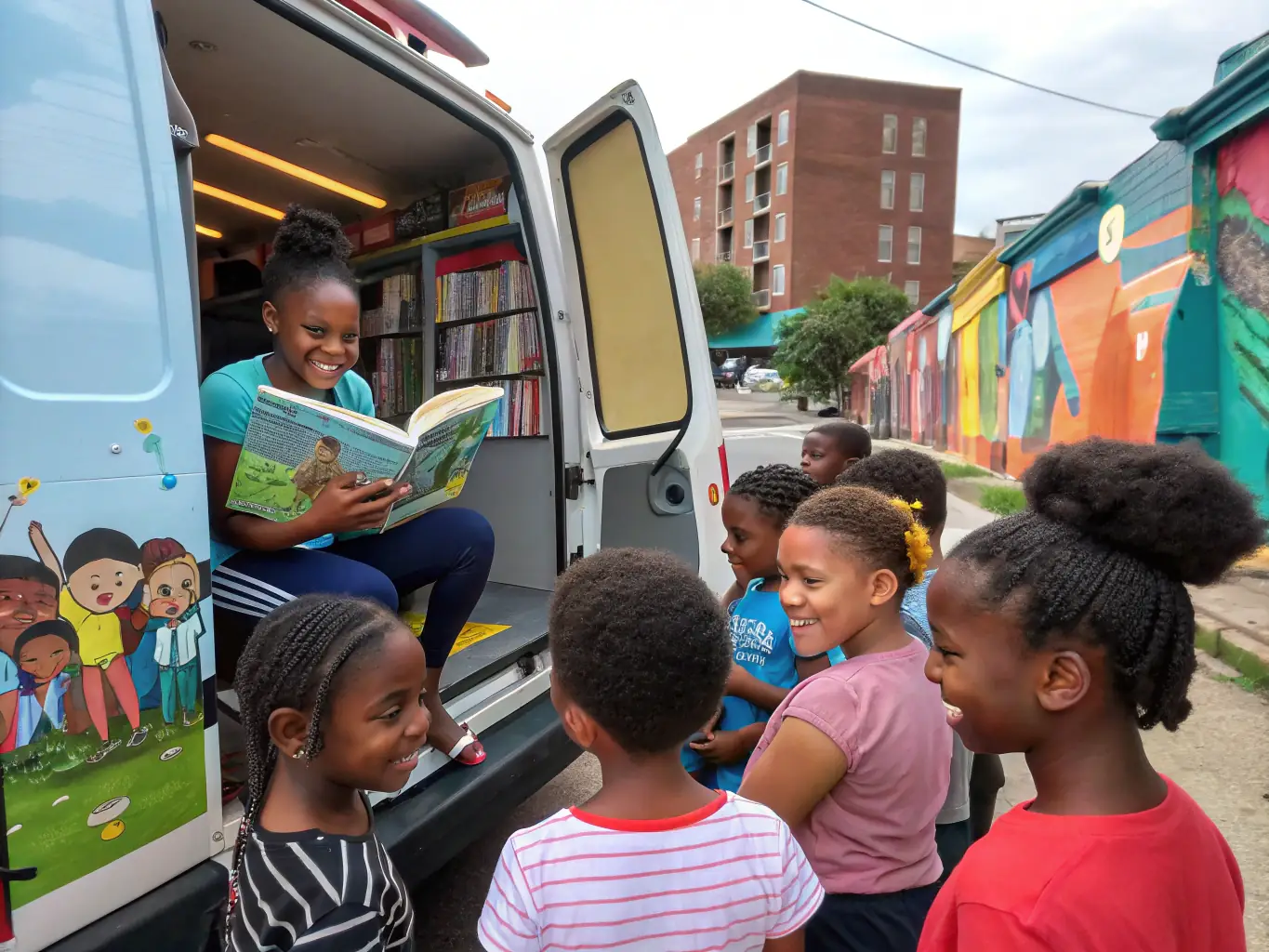 A photograph of children excitedly selecting books from the mobile library, with a friendly librarian assisting them. The scene is set in a sunny, outdoor location, emphasizing the accessibility and welcoming nature of the service.
