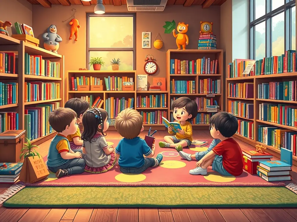 An image showing a group of children participating in a storytelling session led by a librarian. The setting is warm and inviting, with books and colorful decorations.