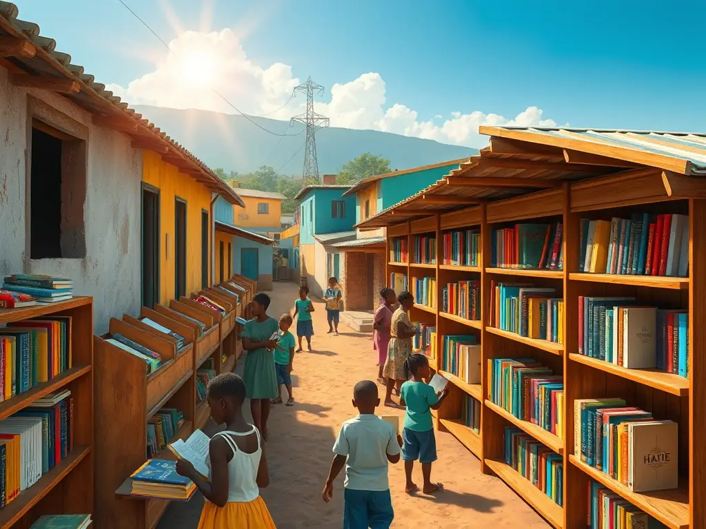 A vibrant image depicting the mobile library bus parked in a community square, surrounded by children eagerly selecting books. The scene is lively and colorful, showcasing the joy and excitement that the library brings to the area.