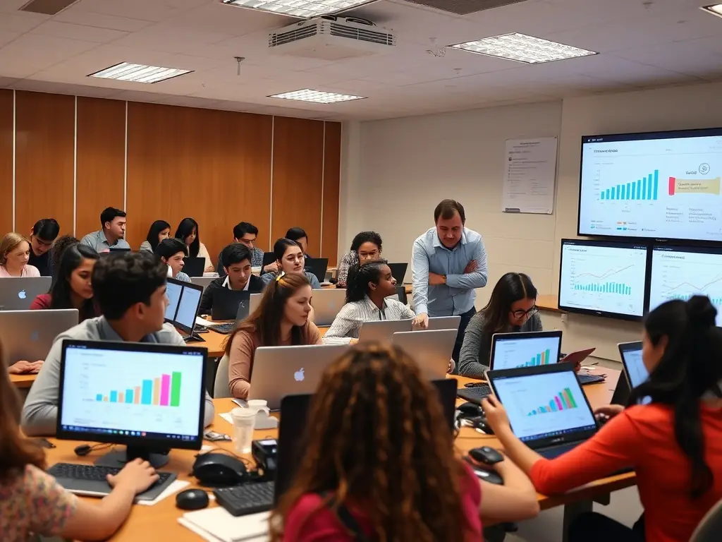 A photograph of adults participating in a computer literacy workshop, with a focus on digital skills and online resources. The atmosphere is supportive and encouraging.