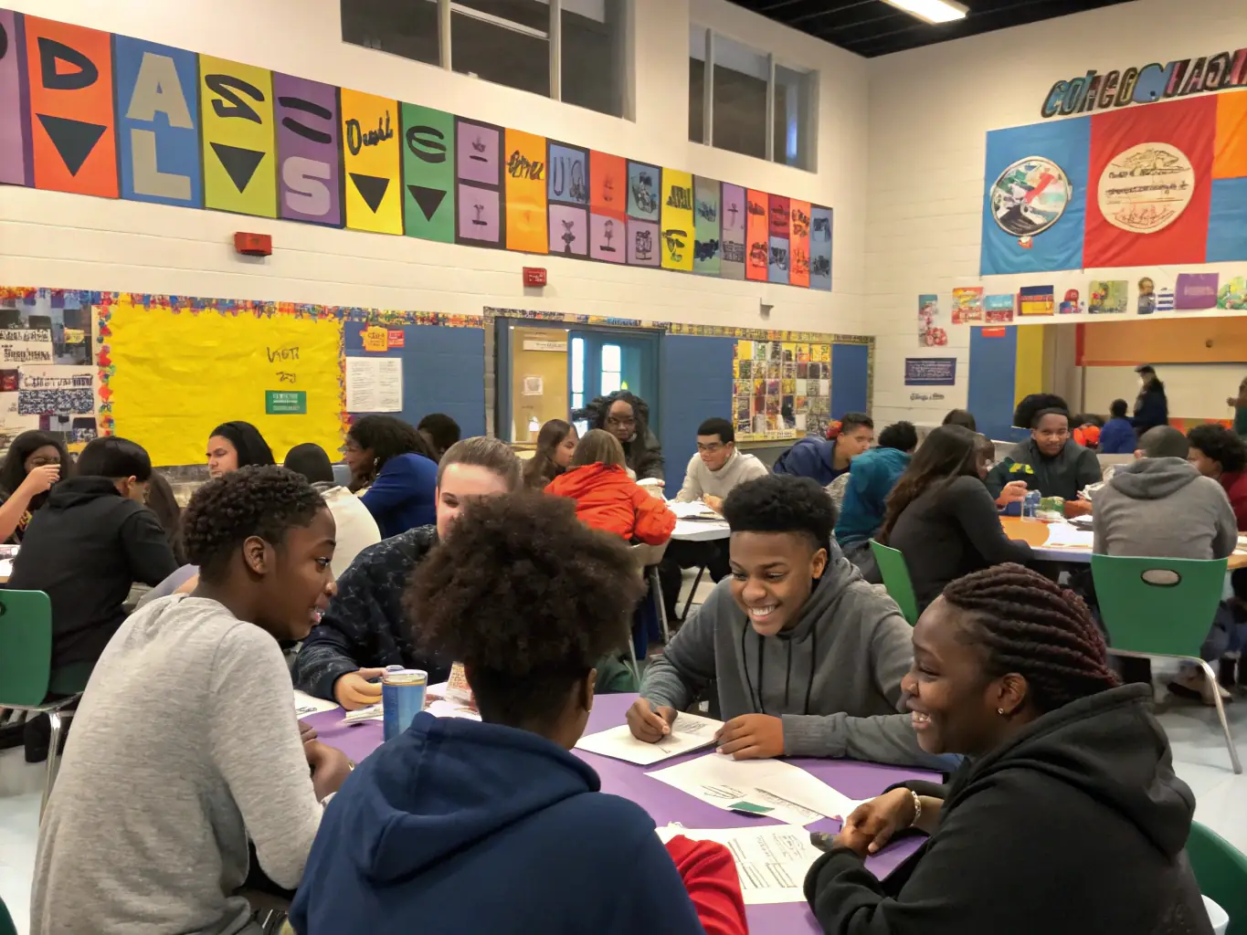 A photograph of teenagers working on a creative writing project inside the mobile library, with a facilitator guiding them. The scene is dynamic and engaging, showcasing the library's role in fostering creativity and skill development.