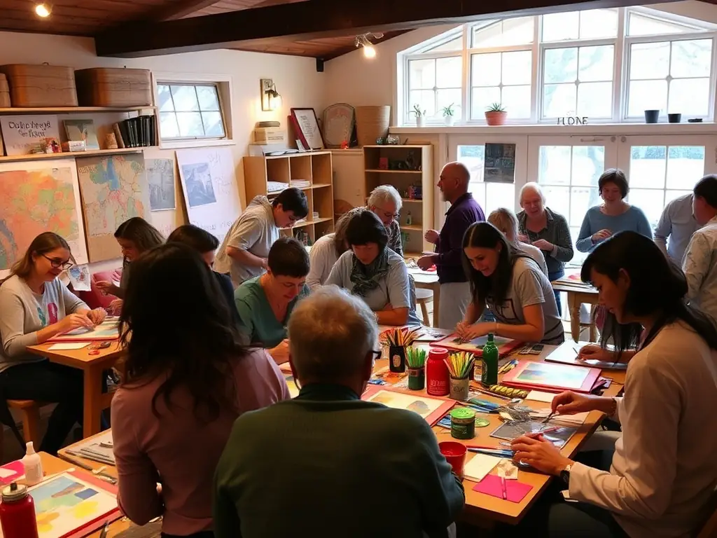 An image showing a workshop where participants are creating book-related crafts. The atmosphere is creative and collaborative, with people of all ages working together on their projects.
