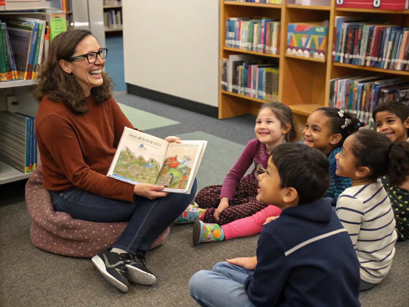 A photograph of a librarian reading aloud to a group of children in a community center. The children are captivated by the story, their faces lit up with wonder and imagination.